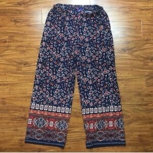 Curations Women Navy Red Floral Paisley High Waist Wide Leg Stretch Crop Pant 1X
